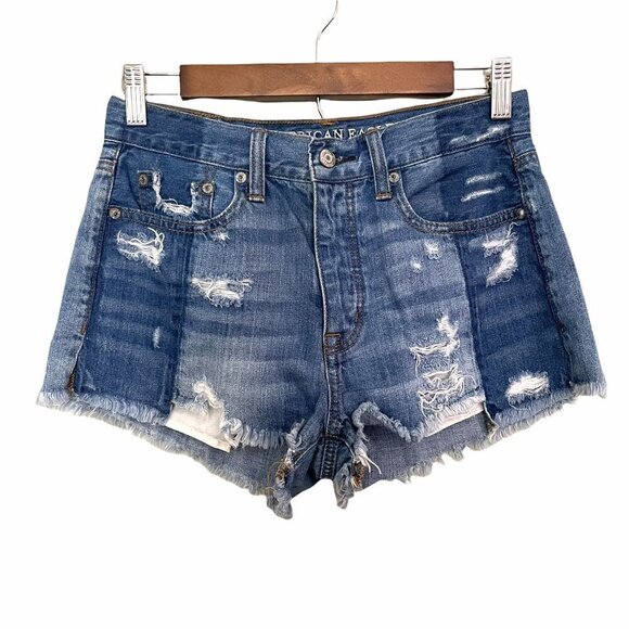 American Eagle Distressed Button Fly Cut Off Vintage Hi-Rise Festival Jean Short - Picture 2 of 11